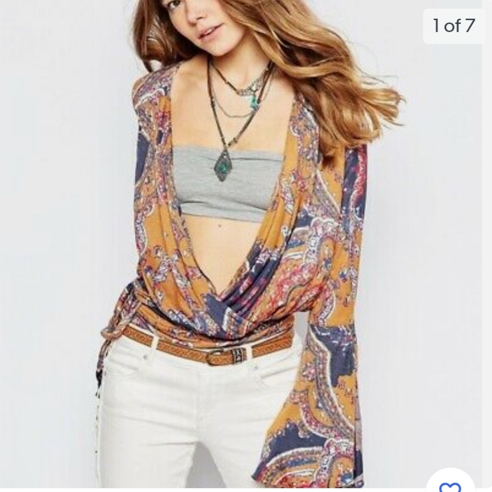 FREE PEOPLE Fiona Shirt Bell Sleeve Top Blouse Paisley Wrap Brown Festival SZ M